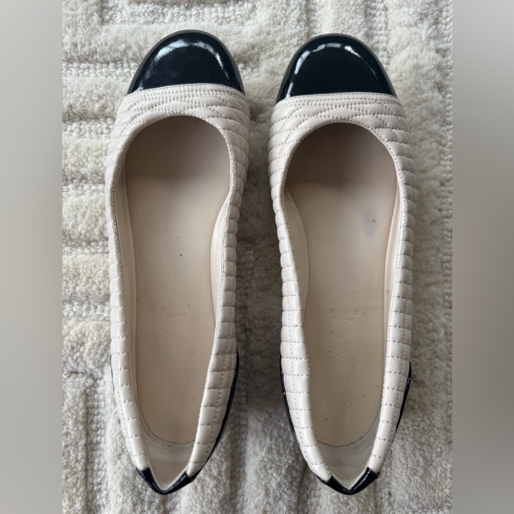 BALLY SWITZERLAND Triade Quilted Leather Flats - Cream and black patent cap toe.